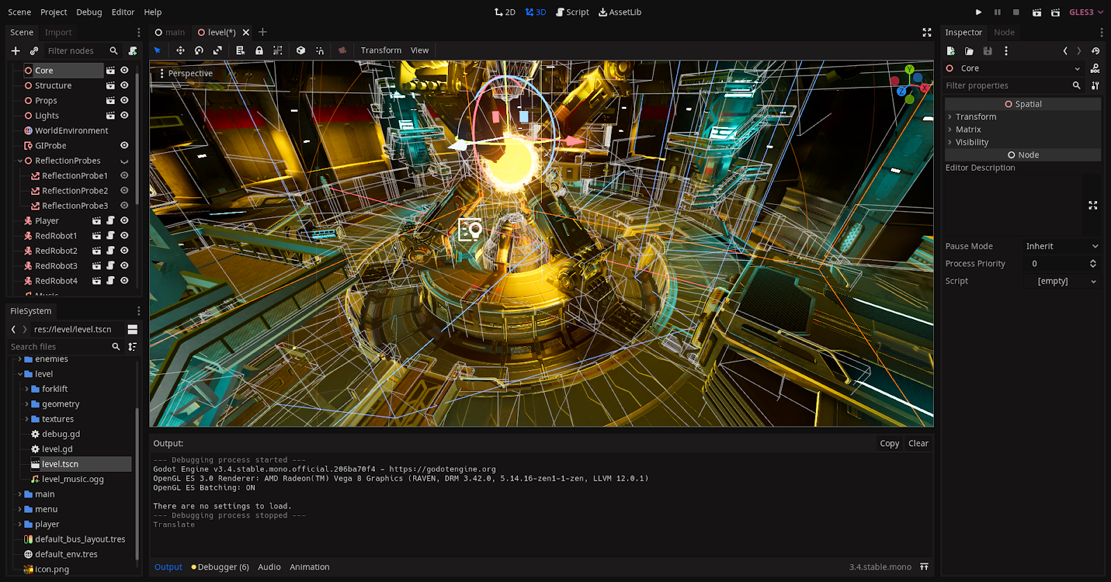 Tool interface with various windows and buttons. Wireframes of 3D objects in a sci-fi scene are shown. 