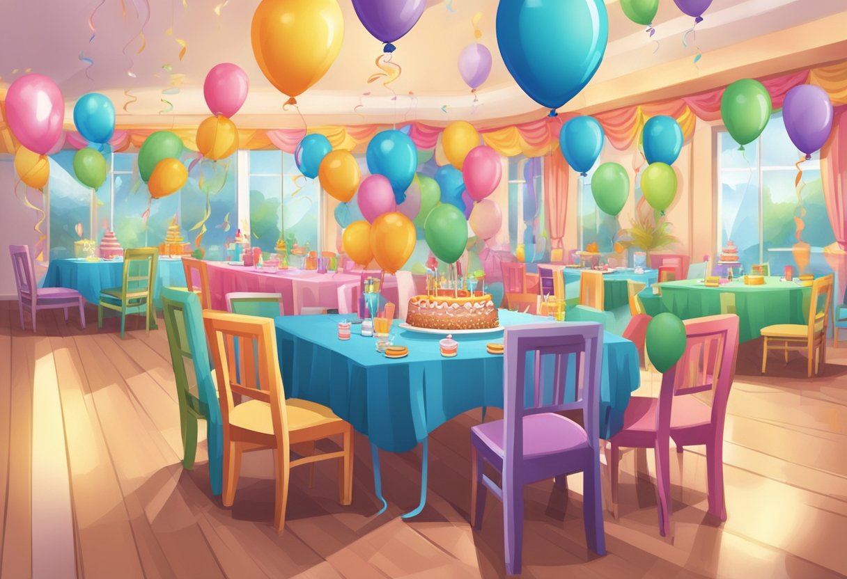 Colorful party decorations adorn a spacious room with tables set for a birthday celebration. Balloons, streamers, and a cake add to the festive atmosphere