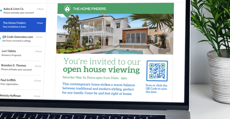 QR Code in an email marketing campaign prompting the reader to scan or click the Code to save the date for an open house viewing