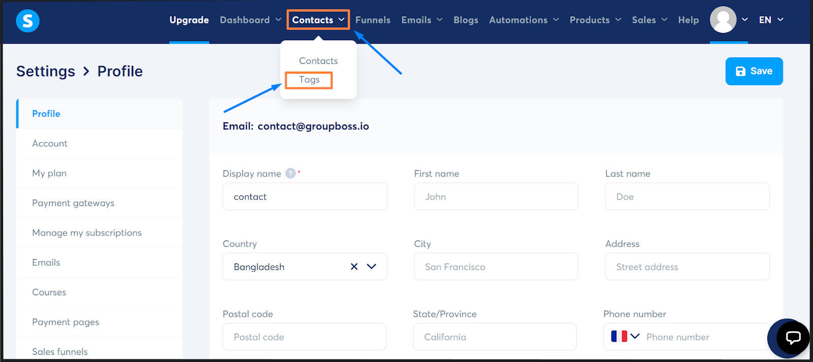 Step four: Go to Contacts to find out Tags in the systeme.io interface.