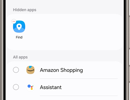The Samsung Find app in the Hidden apps section.