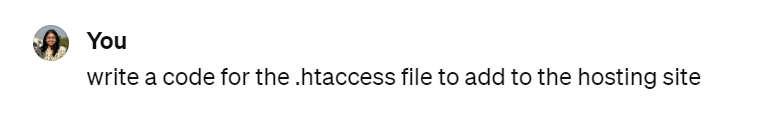 Image of ChatGPT Prompt for writing a code for a .htaccess file.