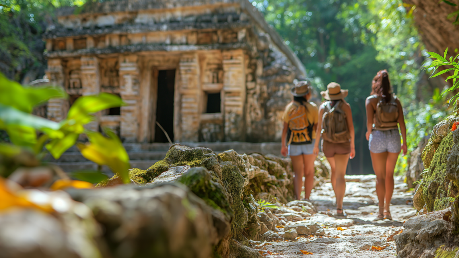 Historic Mayan ruins near Playa del Carmen, surrounded by lush jungle