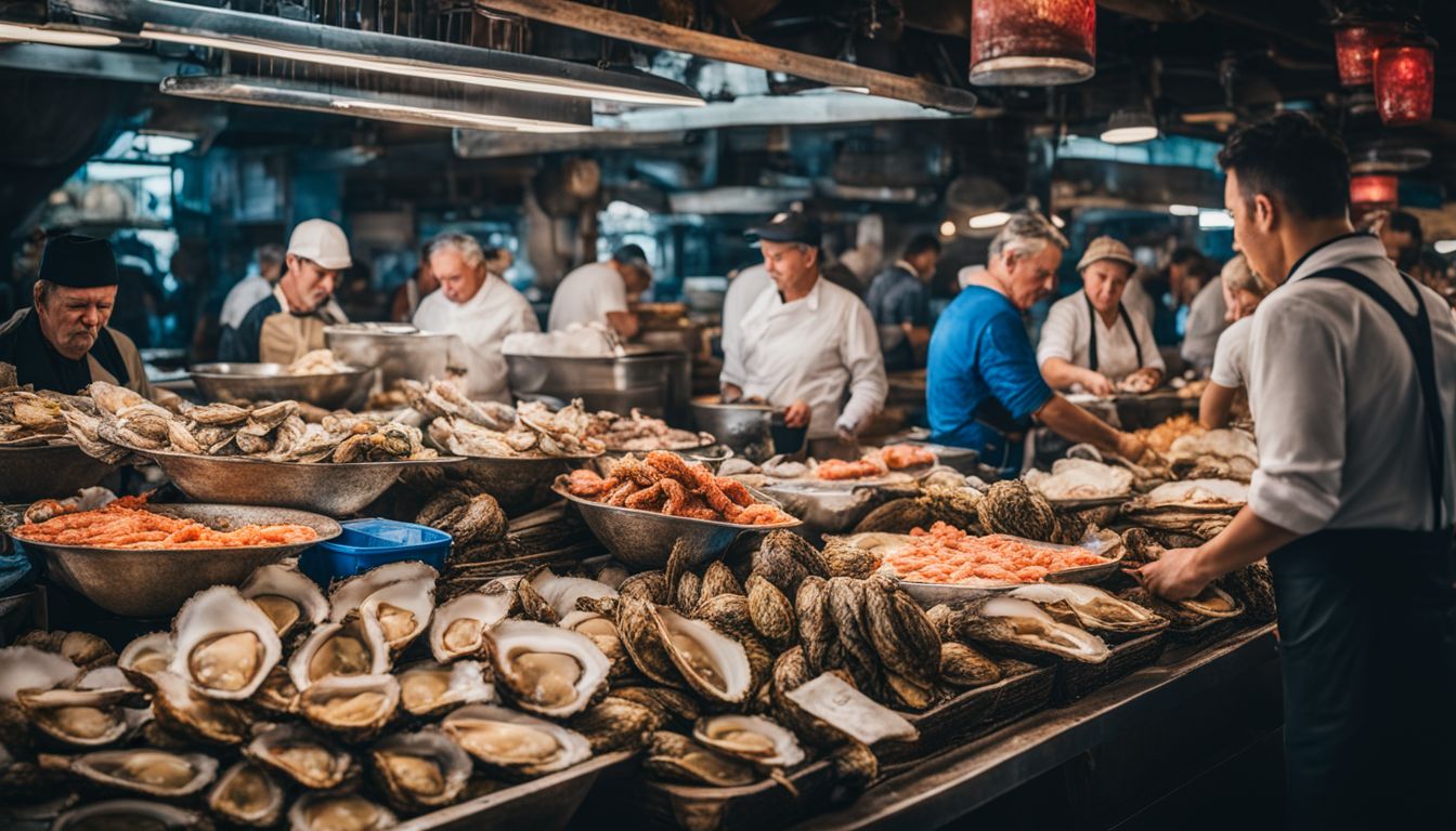 'A bustling seafood market with fresh oysters and diverse faces.'