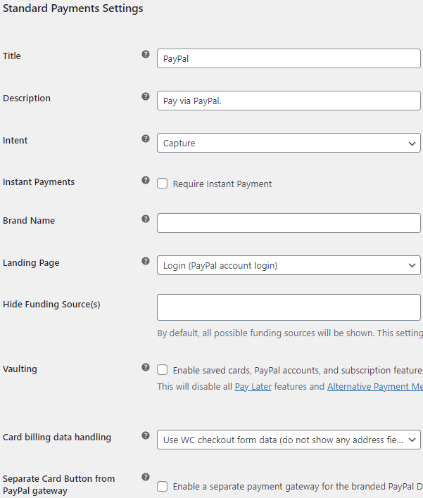 Standard Payment Settings