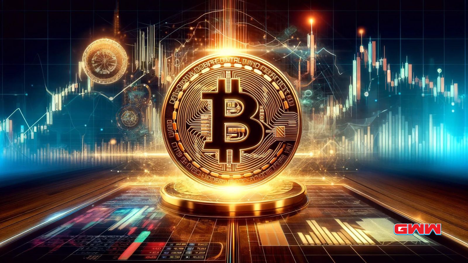 Golden Bitcoin with trading charts, digital financial market backdrop