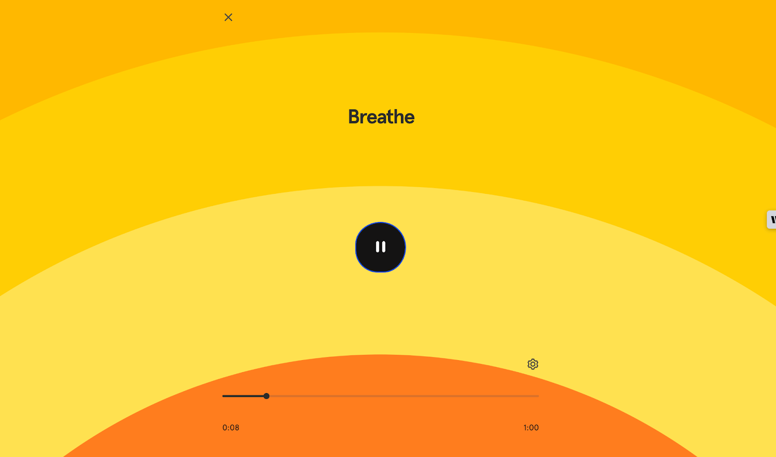 A screenshot of the "Breathe" meditation recording in Headspace, with an orange sunset design.