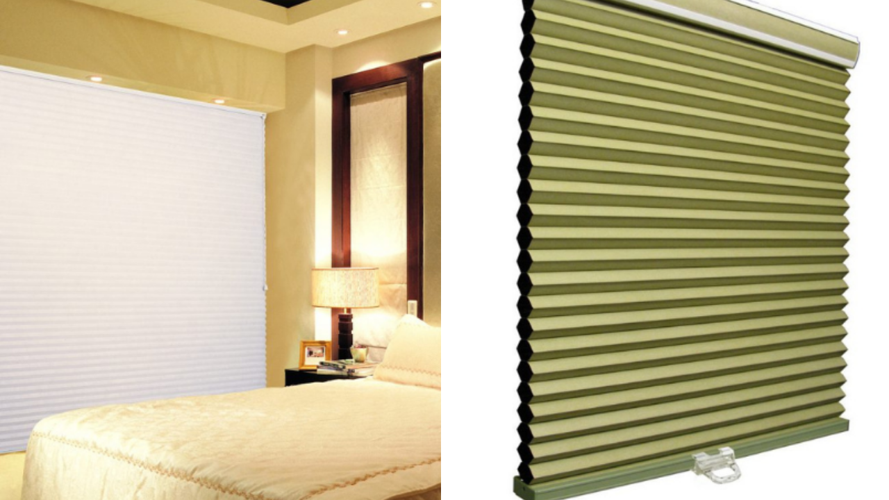 Collage of white and green honeycomb blinds in different rooms