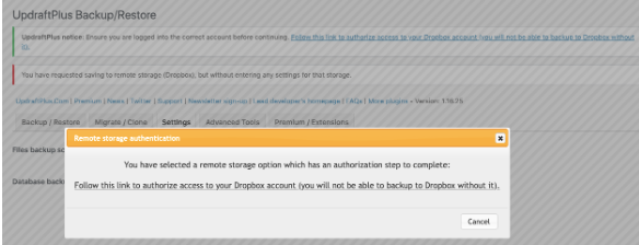 Authenticate and link your storage account in UpdraftPlus Plugin