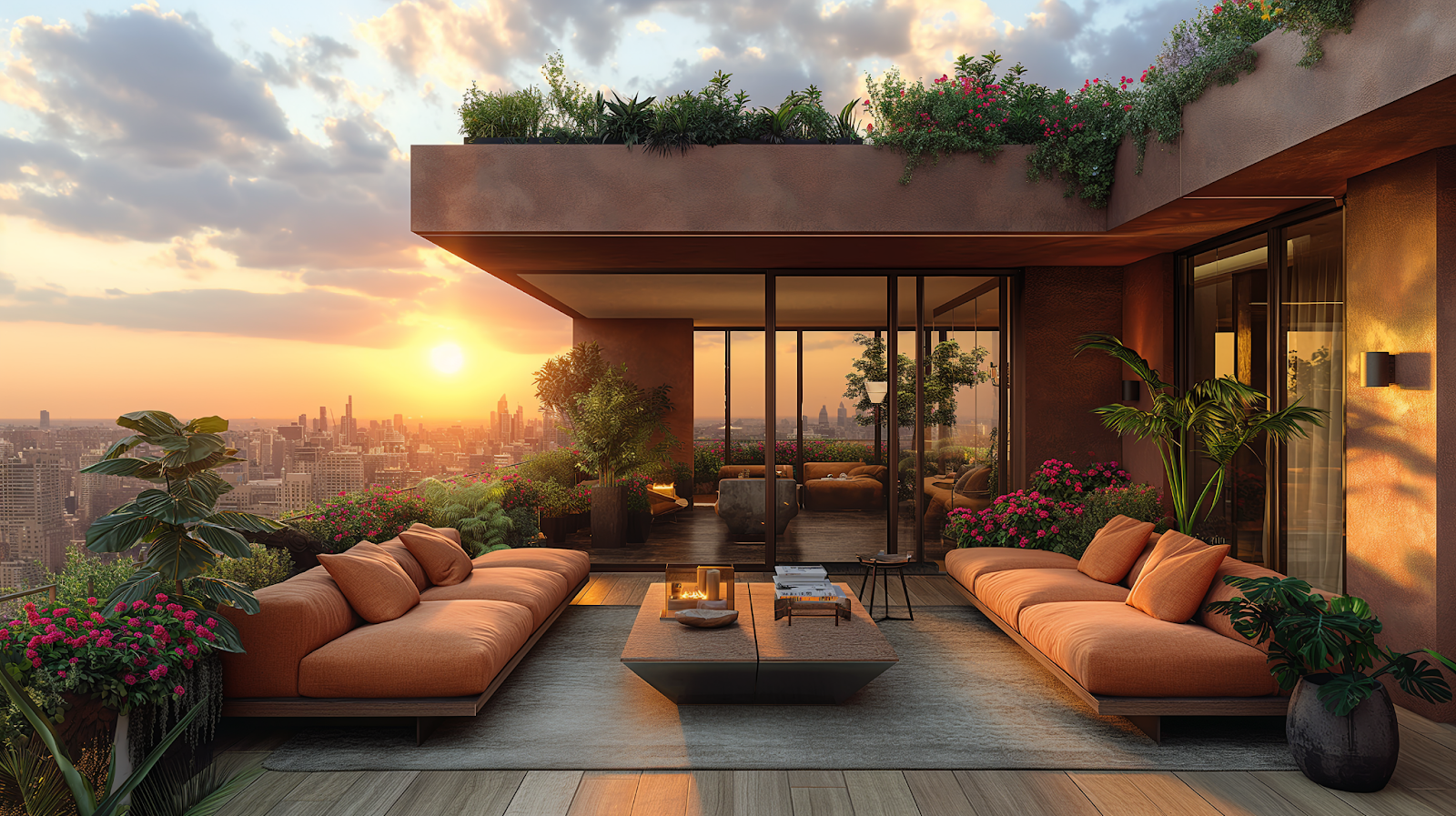 Rooftop terrace of a NYC boutique hotel at sunset, with panoramic skyline views and stylish outdoor seating