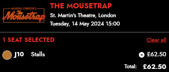 Tickets for The Mousetrap in London at St. Martins Theatre on Tuesday 14th May 2024 in seat Stalls J10 costing £62.50