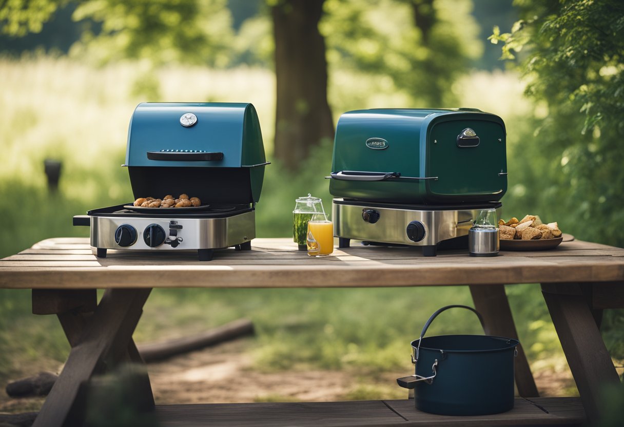 A campsite with various camping stoves set up on a picnic table, surrounded by lush green trees and a clear blue sky