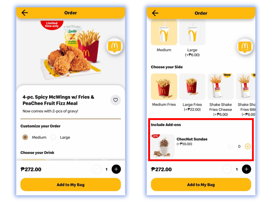 An example of an add-on order bump for a ChocNut Sundae from Mcdonald's.