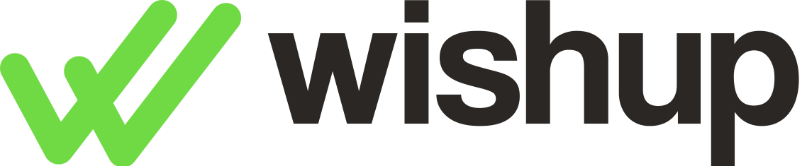company name wishup with logo looking like two green check marks outlining the letter W