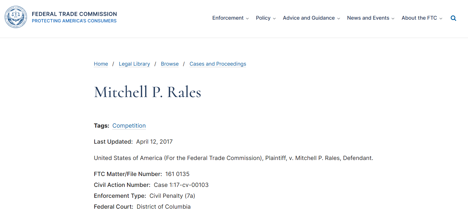 case against Mitchell P Rales in FTC.  