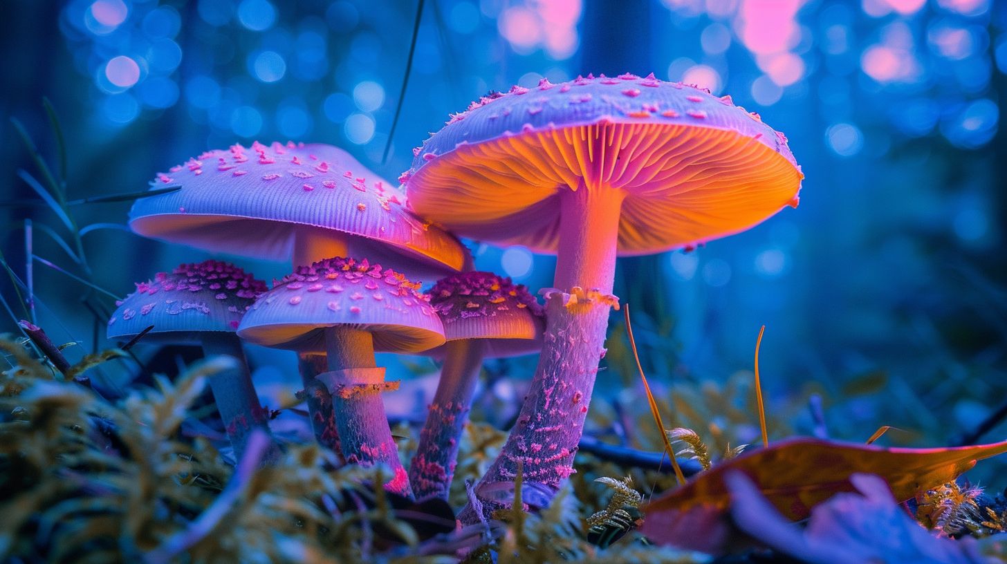 A vibrant, psychedelic mushroom forest captured with a wide-angle lens.