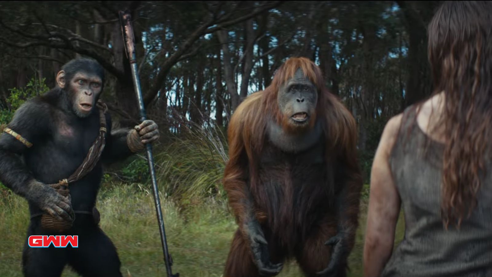Scene of Noa and Raka talking to Mae in Kingdom of the Planet of the Apes trailer