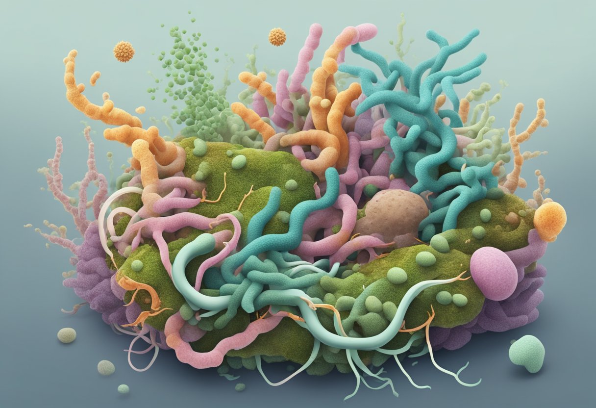 Uma microbiota intestinal desequilibrada com várias bactérias e fungos num estado emaranhado e caótico