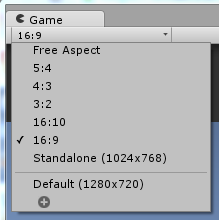 Machine generated alternative text:
C Game 
Free Aspect 
16:10 
16:9 
standalone (1024x768) 
Default (1280x720) 
O 