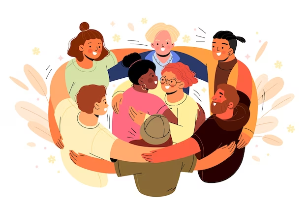 Ilustração de pessoas se abraçando demonstrando a solidariedade