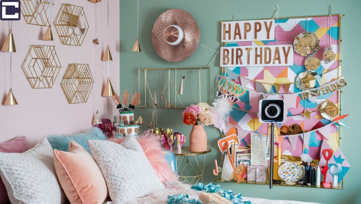 In this image, a teenager's bedroom is decorated with trendy colors and patterns for a birthday celebration. The room features stylish decor elements such as pastel-colored throw pillows, metallic accents, and geometric-patterned wall art. A DIY photo booth setup is visible in the corner, complete with a backdrop, props, and a camera for capturing memories with friends. The overall aesthetic is cool, modern, and effortlessly chic, reflecting the personality and interests of the birthday honoree.