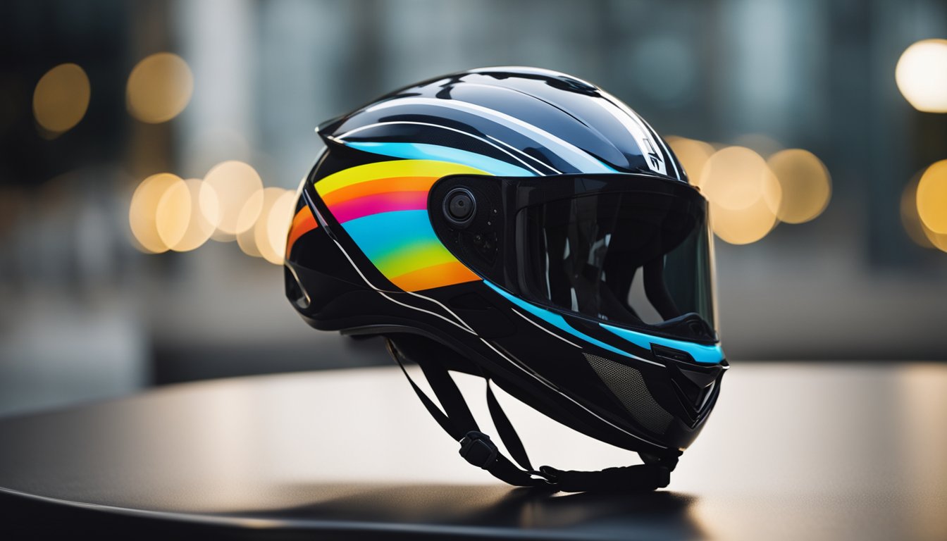 A sleek road bike helmet sits on a table, with aerodynamic vents and a snug chin strap. The helmet is brightly colored and adorned with reflective strips for visibility