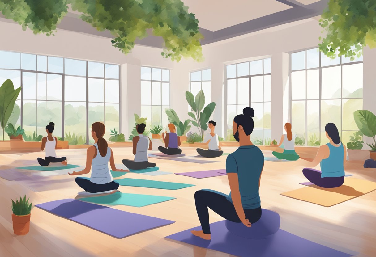 Employees engaging in exercise, yoga, and meditation in a bright, open space with natural light and greenery. A nutritionist leads a healthy cooking demonstration nearby