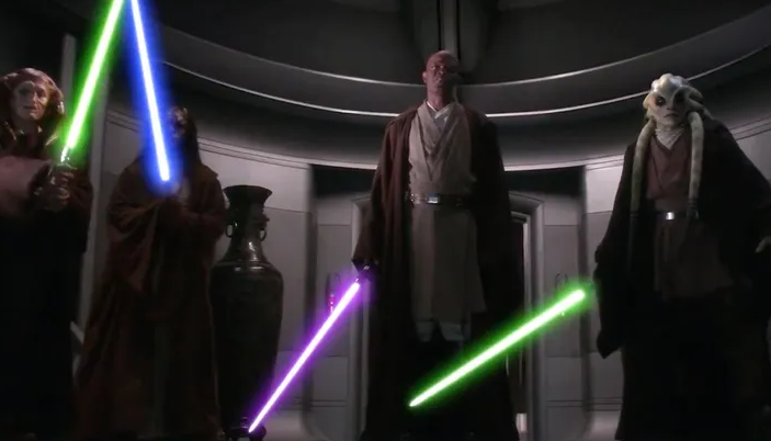 Different Jedi wielding their lightsabers