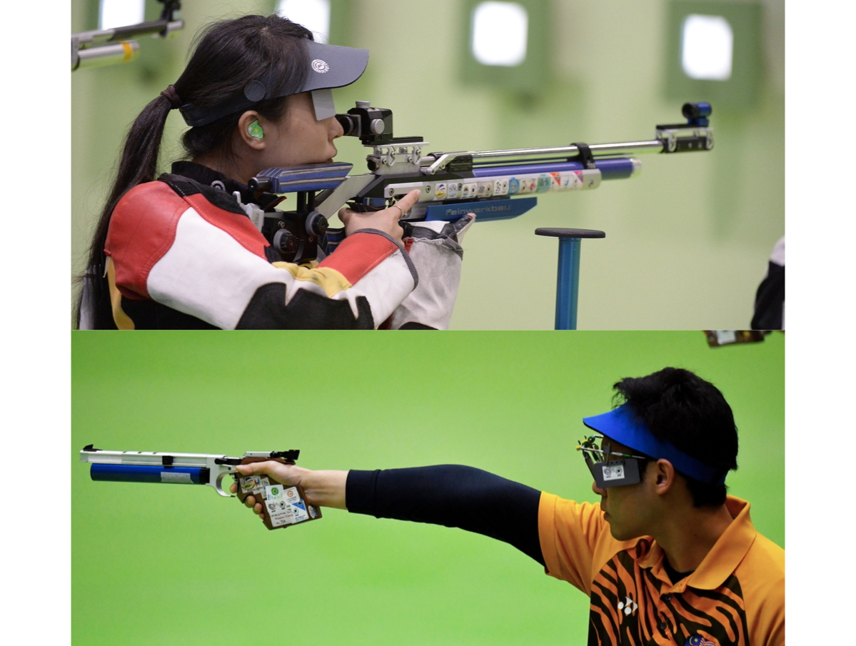 10 meter Air Rifle vs 10 meter air pistol, how do they differ? top image, womwne's air rifle shooter taking aim at the firing line. bottom image, men's air pistol shooter taking aim at the firing line.