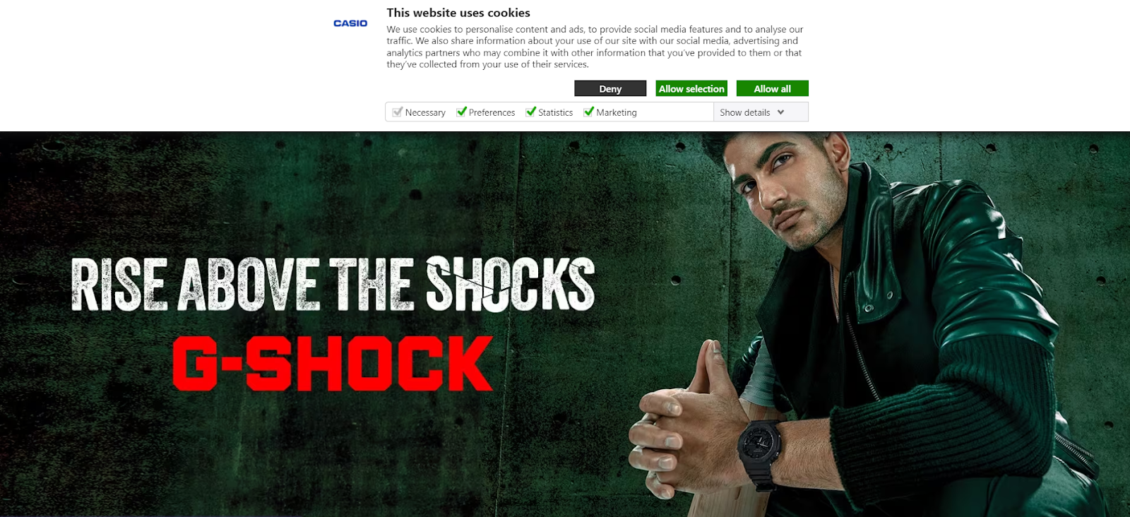 Cookie consent banner used by G-Shock