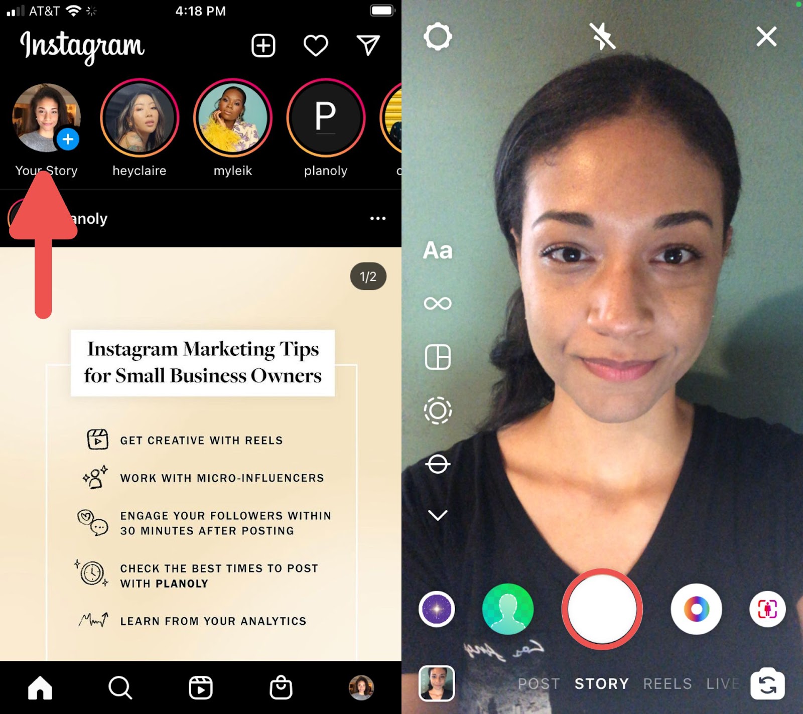 two screenshots showing how to open Instagram Stories