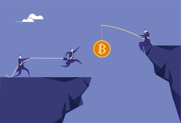 An illustration of a person on a cliff lured by Bitcoin