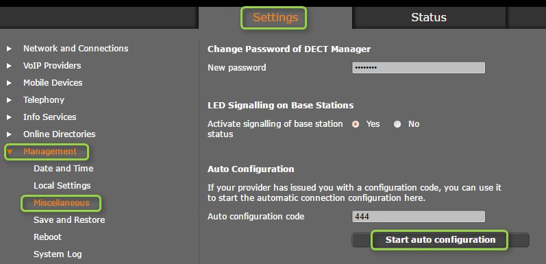 Указание URL автонастройки в веб интерфейсе контроллера Gigaset N720 DECT MANAGER - запуск автоматической конфигурации базы