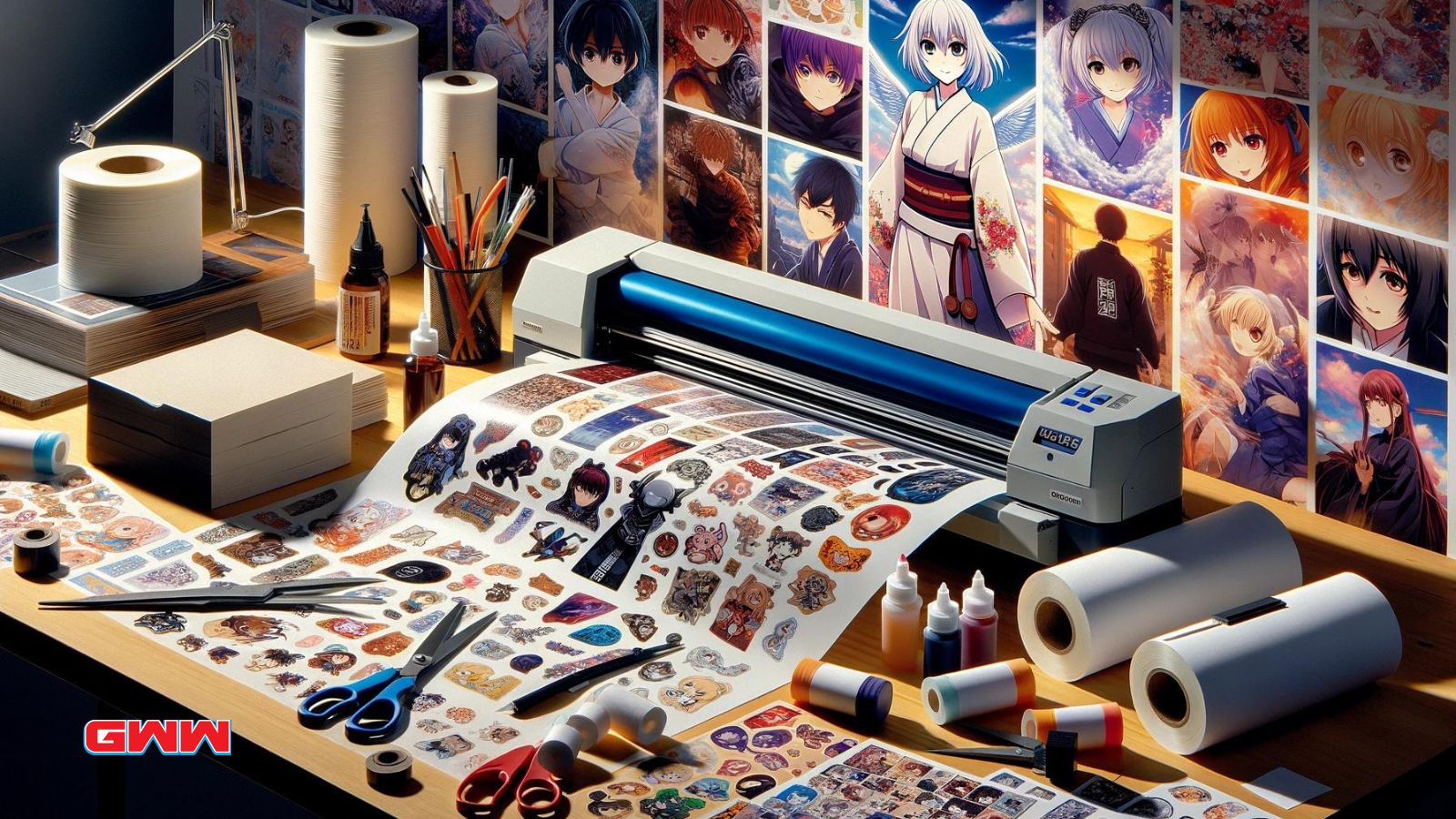 Anime sticker printing setup, cutting tools, printed sheets, and supplies