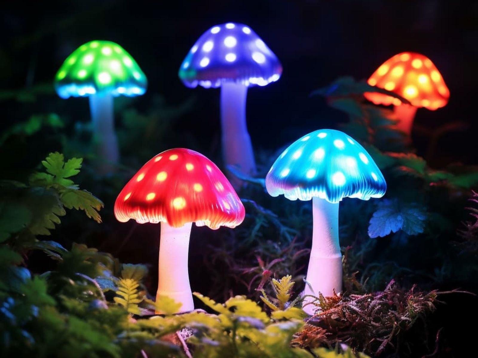 Multicolor mushroom lights in a garden