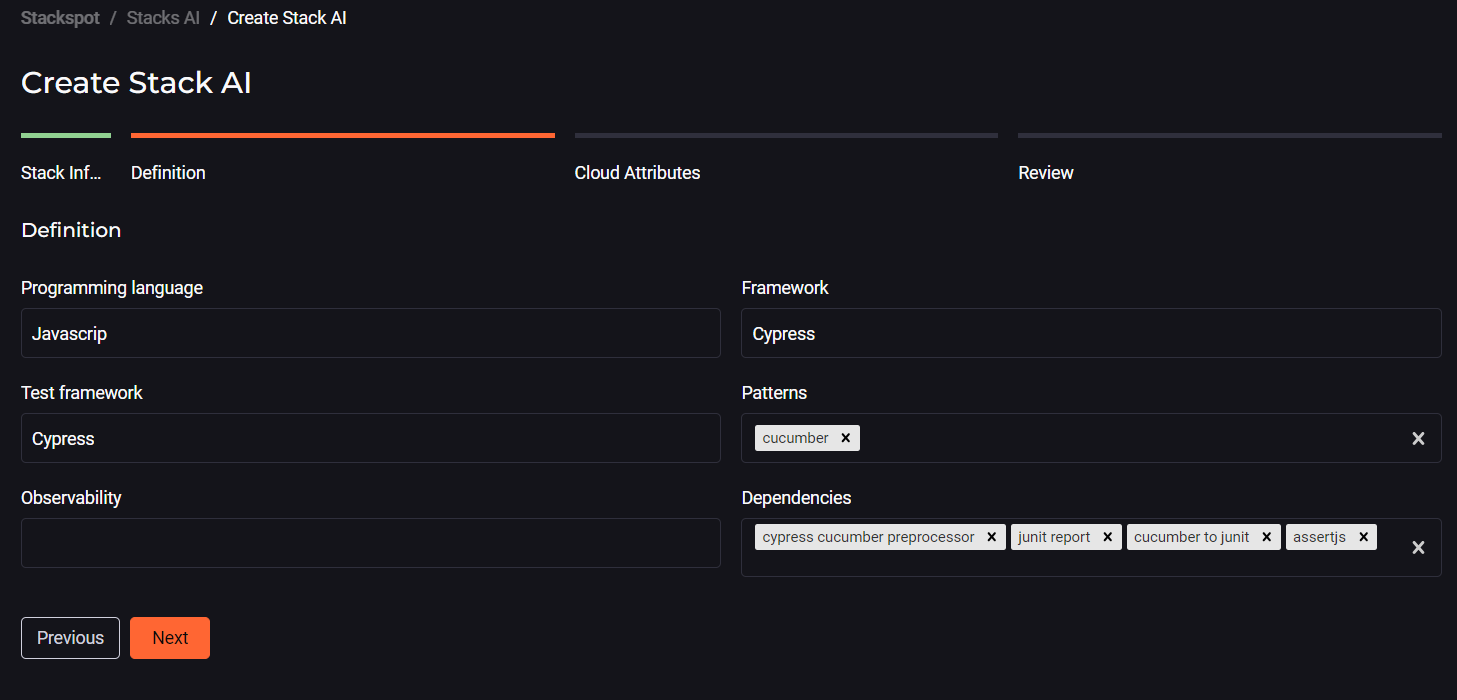 Imagem da tela de cadastro de uma Stack AI na plataforma StackSpot AI, com os campos: Programming language, Framework, Test framework, Patterns, Observability e Dependencies.