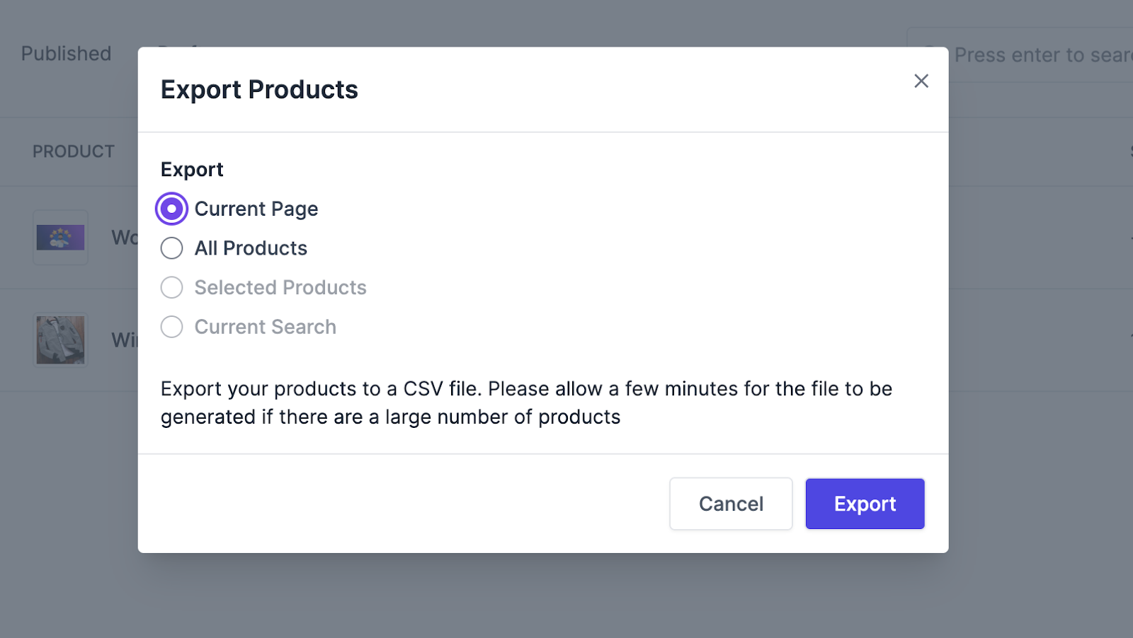 A screenshot to popup window for selecting how you want to export products