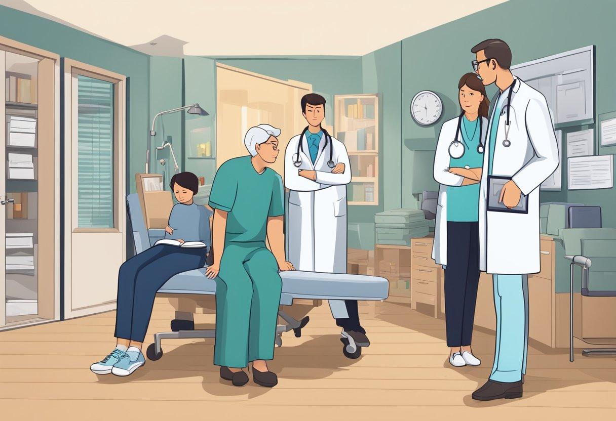 A doctor overlooks a patient's medical history. The patient's concerned family members stand nearby. The doctor appears stressed and overwhelmed