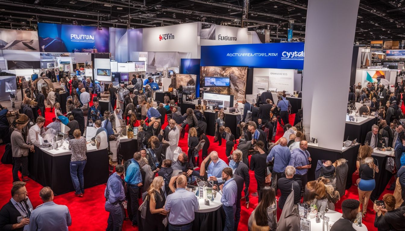 Participants networking at a vibrant industry trade show with Texas cultural elements.