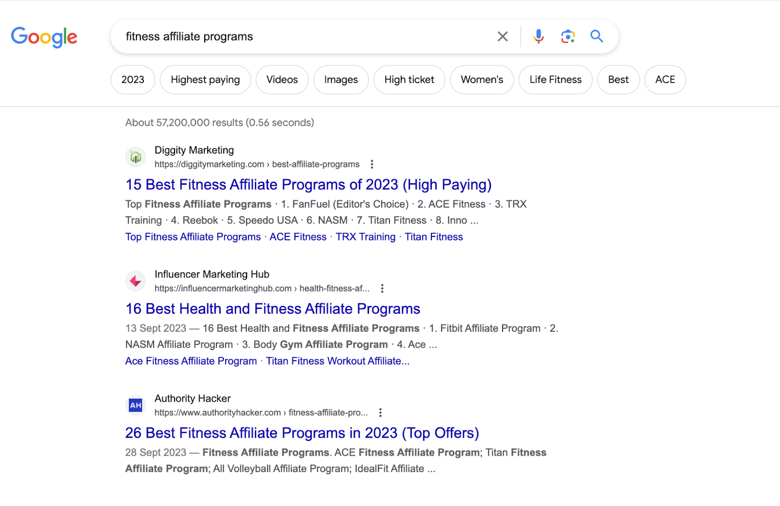 A screenshot of someone searching 'fitness affiliate programs' on Google. 