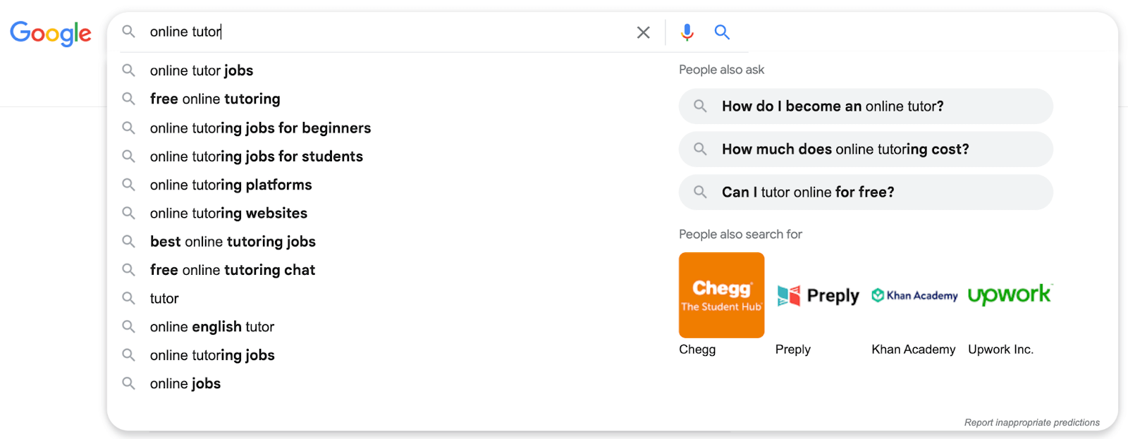 Google search suggestions for online tutor