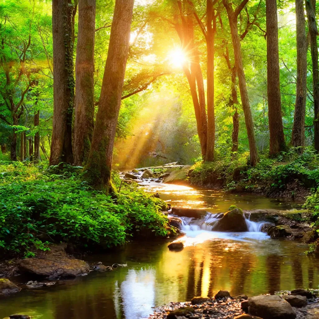 An enchanting forest scene illuminated by the golden light of a setting sun. The sun's rays filter through the dense canopy of tall trees, casting a warm, glowing light over a brook that flow through the forest.