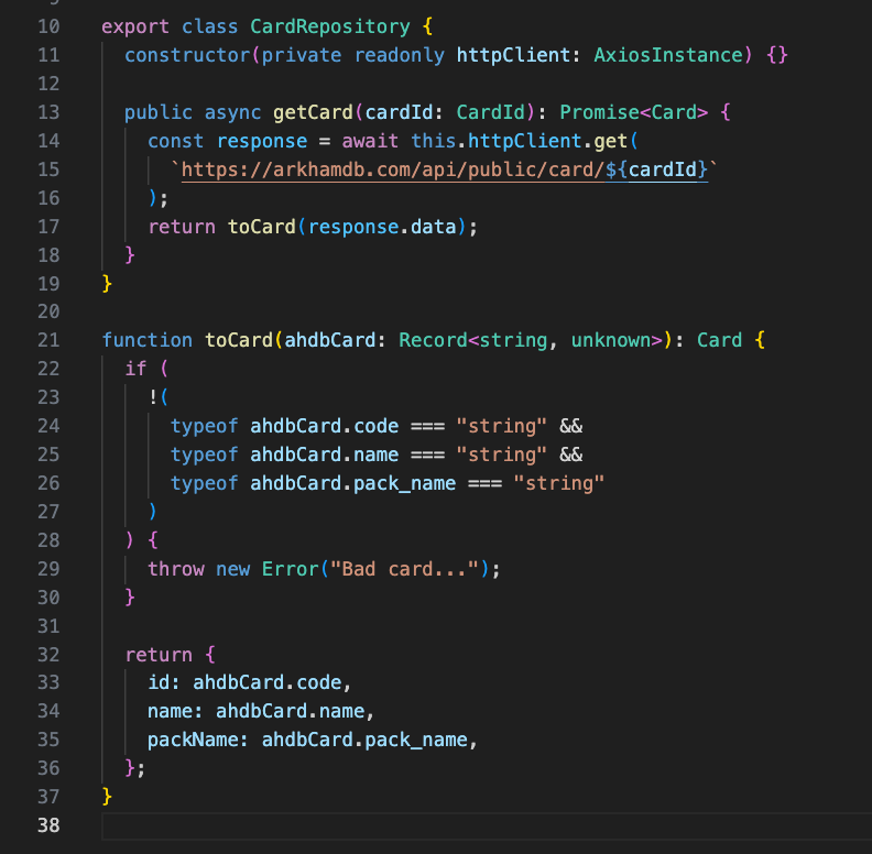 code snippet showing a repository to get cards from arkhamdb.com; The data mapper is a function in the same module, but extracted from the repository.