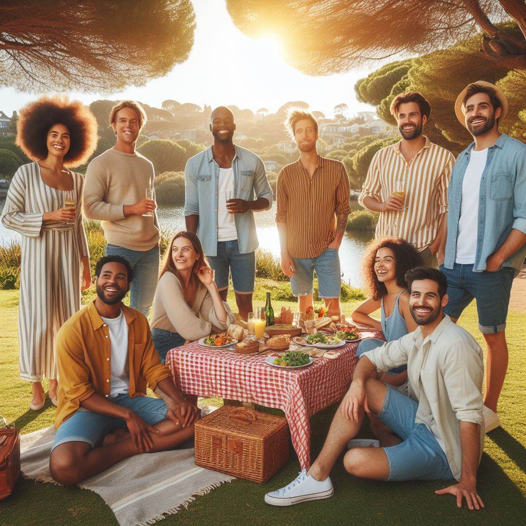 a diverse group of friends and family gather together for a picnic at a scenic, sun-dappled park in a picturesque destination
