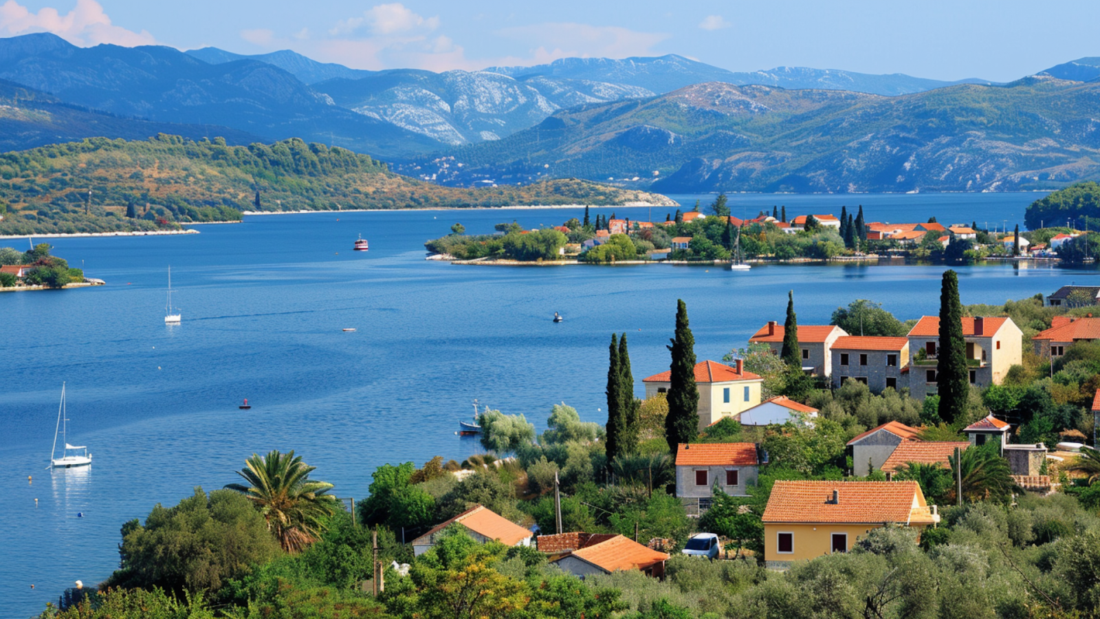A panoramic shot showing coastal houses and the mountains in Lopar, Croatia
