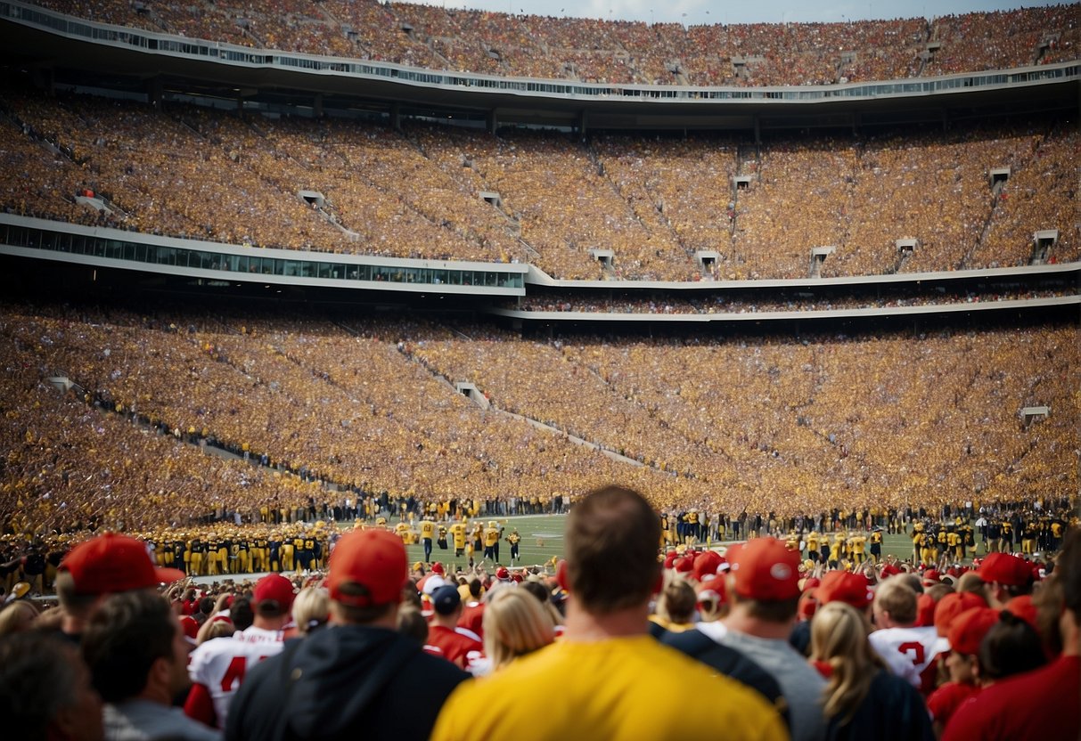 The crowd roars as two college football teams face off on the field, representing the intense rivalry between Ohio State and Michigan. The stadium is packed with passionate fans, each team's colors flying high