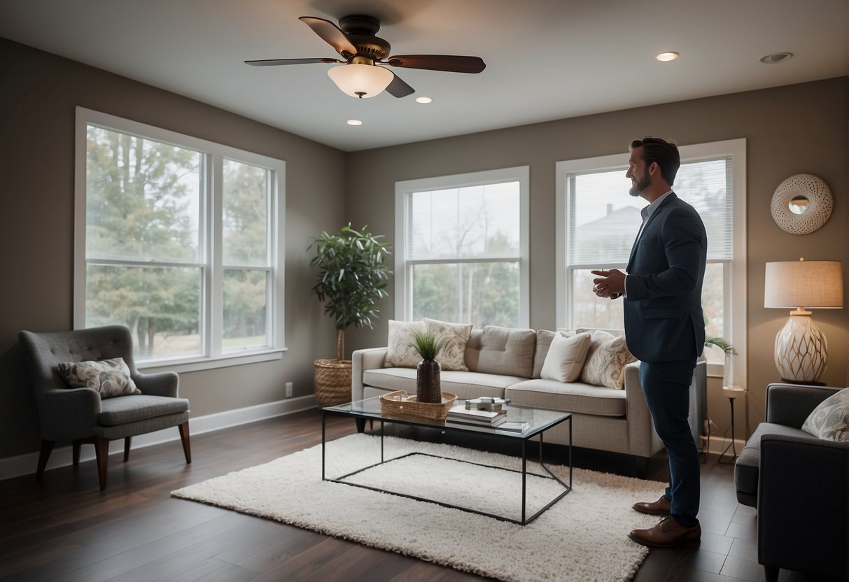 A real estate agent presents a beautiful, empty home to a potential buyer, emphasizing its key selling points