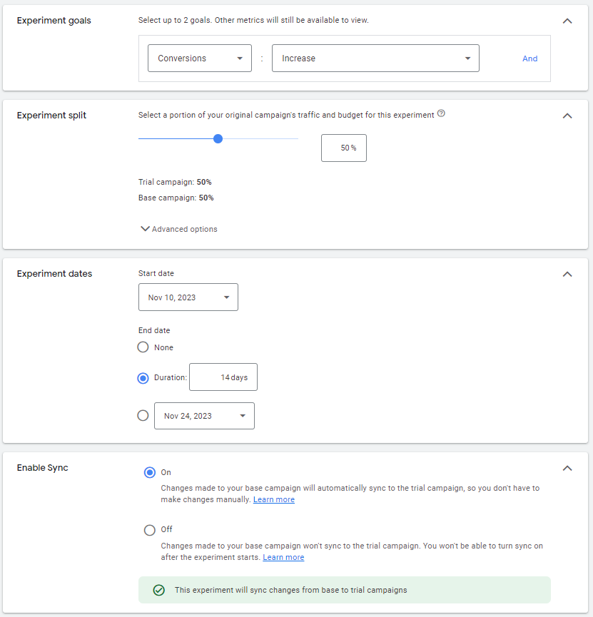 Google Ads Experiment - select goals, budget split and schedule