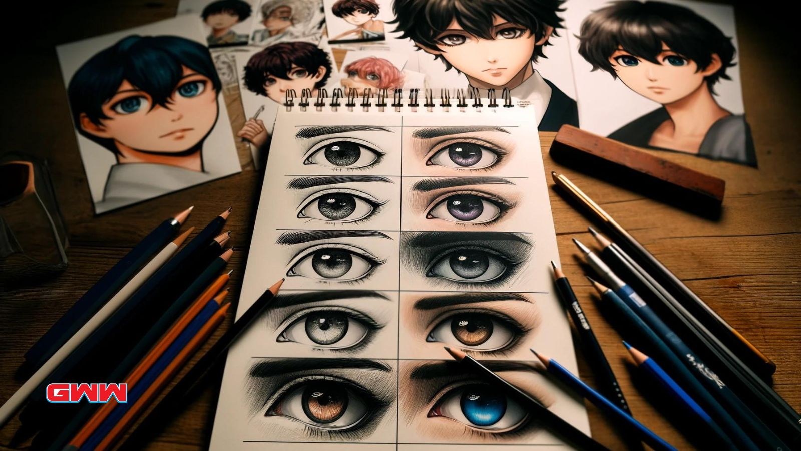 Drawing anime boy eyes, sketchbook with various eye styles, pencils around