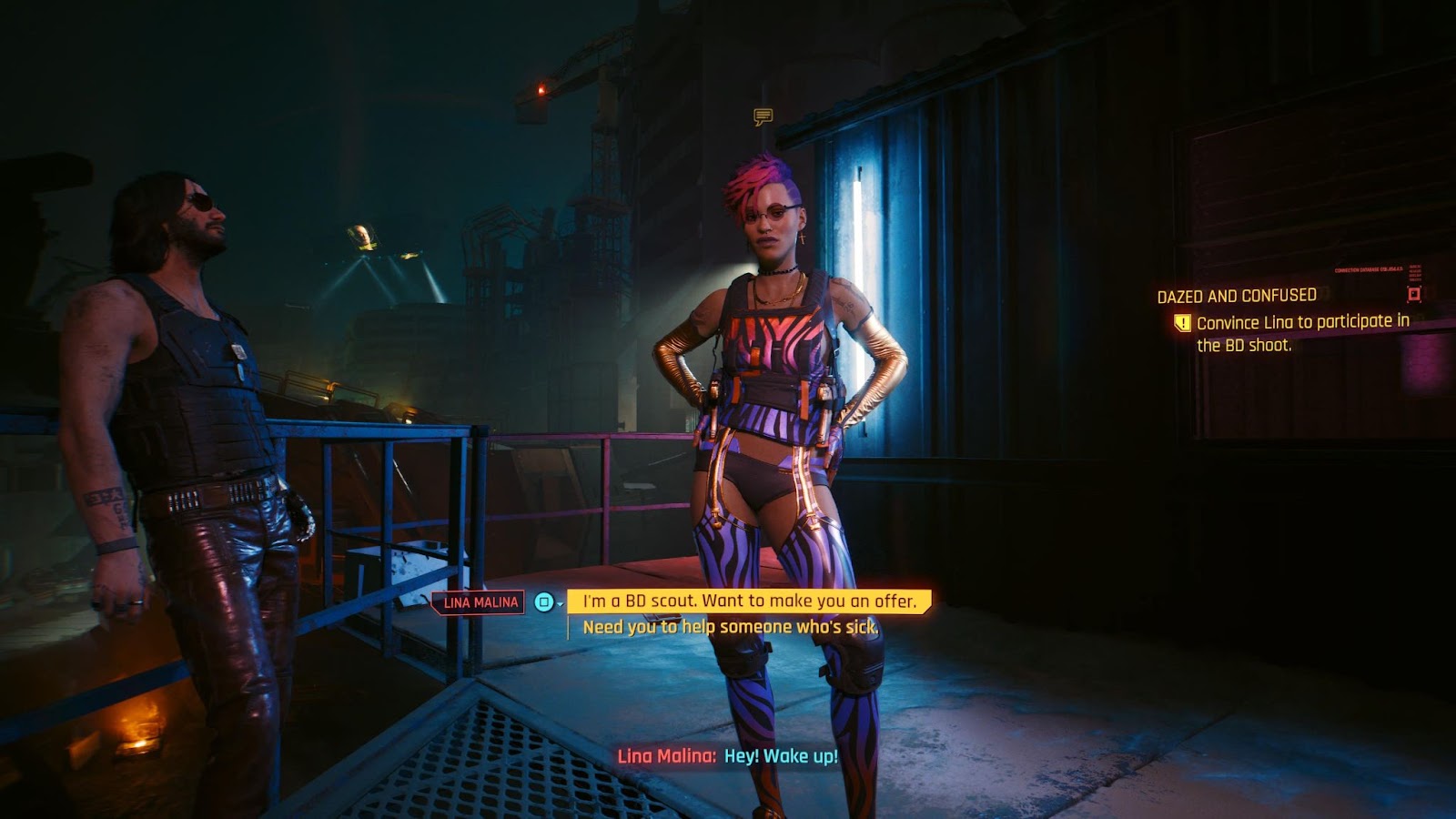 An in game screenshot of the character Lina Malina from the game Cyberpunk 2077. 